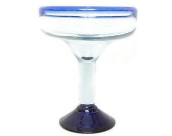 Hand Blown Mexican Margarita Goblet: Green Glass with Cobalt Rim