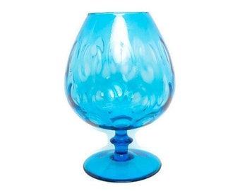 Vintage EMPOLI ITALY Turquoise Blue Thumbprint Compote Brandy Snifter Balloon Vase Large Circle Pattern Hand Blown
