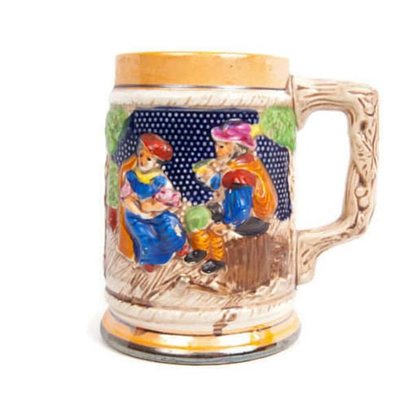 Vintage Beer Stein Mug Made in Japan Hand Painted 3D Scene Textured Barware Man Cave Octoberfest