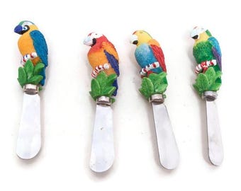 Vintage Parrot Cheese Spreaders: Hand-Painted Tropical Party Utensils - Set of 4
