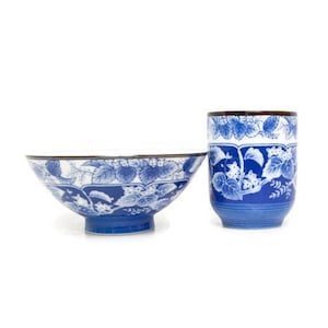Vintage Japanese Pottery Rice Bowl and Sake Cup Set – Blue & White Floral Design – Hand Painted Ceramic – Asian Tableware