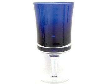 Vintage Blue Glass Hurricane Wine Goblet Hand Blown Water Goblet Applied Clear Stem 6 Inch