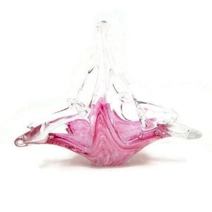 Vintage Lavorazione Arte Murano Pink Swirl Glass Basket – Hand Blown Spatter Glass Candy Dish – Made in Italy – 8 Inch