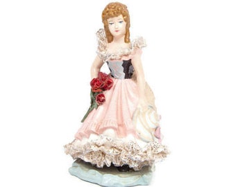 Hand-Painted Vintage 1940s Chalkware Victorian Lady Figurine with Real Lace Details - Plaster Collectible with Delicate Real Lace Accents