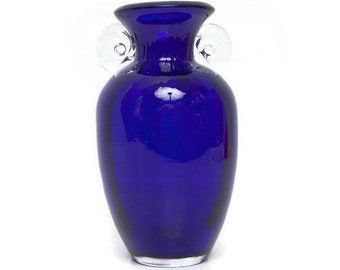 Vintage BLENKO Cobalt Vase Greek Style Urn Applied Crystal Handles Hand Blown Glass Weighted Base Ribbed Inside