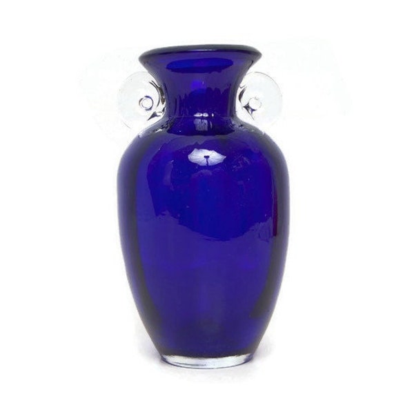 Vintage BLENKO Cobalt Vase Greek Style Urn Applied Crystal Handles Hand Blown Glass Weighted Base Ribbed Inside