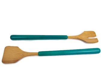 Vintage Wood Salad Servers Teal Wood Handles Hand Carved Teak Wood Salad Tossers Round Handled Wooden Utensils