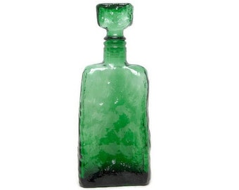 Vintage Empoli Italy Emerald Green Glass Bottle Bark Textured Decanter With Stopper 11 Inch
