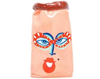 Vintage Priscilla by GANZ Wilma Ceramic Bag Vase Lady Face Hand Painted Pink Utensil Holder