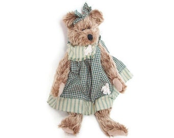 Peluche vintage ours - robe écossaise verte et noeud, pattes en velours côtelé, ours en patchwork, articulé - animal en peluche fait main - 11 pouces