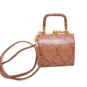 Vintage KMQ Faux Snakeskin Box Bag – Top Handle Handbag with Optional Shoulder Strap, Tri-Compartment Design