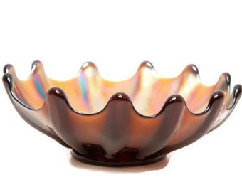 Rare Antique Westmoreland Corinth Amethyst Carnival Glass Bowl - Swung Glass - Fluted Edge - Ribbed Iridescent Beauty