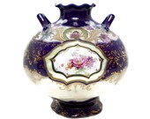 Antique Royal Nippon Porcelain Ball Vase Cobalt Blue Gold Scrolls Double Handles Hand Painted Floral Jardiniere Moriage Footed Ewer c1880