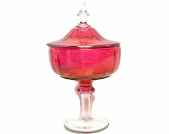 Vintage Ruby Red Flash Glass Compote LARGE Candy Dish Vermillion Cranberry Brides Bowl - 9 Inch