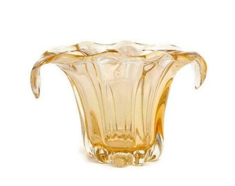 Vase vintage en forme de pétale de tulipe ambré, console de 23 cm en verre soufflé à la main, double poignées