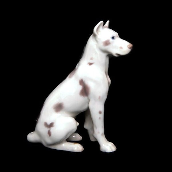 Vintage Bing and Grondahl Harlequin Great Dane Sitting Dog Porcelain Figurine Kjøbenhavn Danmark Made in Denmark
