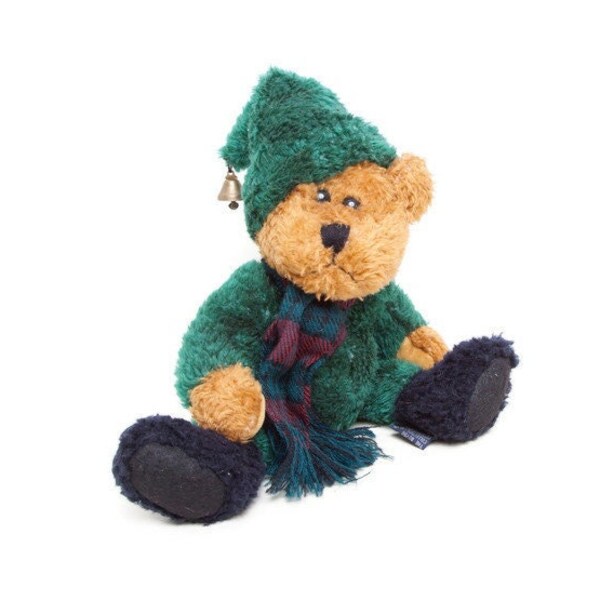 Christmas Boyds Bears Emmett Elfberg - 12 Inch - Jointed Bear - Plaid Scarf, Plush Green Suit, Hat with Bell
