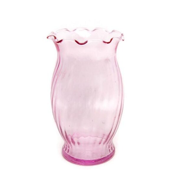 Vase en verre vintage rose Art tourbillonnant soufflé à la main avec bordure à volants, pièce maîtresse bulbeuse 6,75 po.