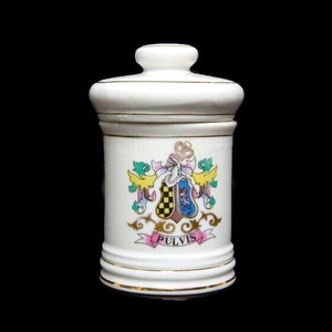 Vintage Porcelain Apothecary Jar – PULVIS Latin for Powder – DoM Japan Pharmacy Container – 5 Inch Lidded Druggist Jar