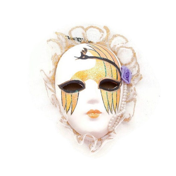 Masque vintage en porcelaine, tenture murale, bordure en dentelle peinte à la main, thème arlequin, décoration de mardi gras