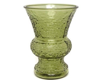 Vintage NAPCO Soreno Green Glass Flower Vase -Crinkle Cut- Made in USA - Retro Home Decor - 8 Inch