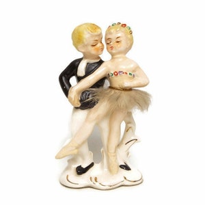 Vintage Japanese Porcelain Ballet Figurine – 1960s Hand-Painted Ballerina Couple – Boy & Girl Dancers with Fur Tutu – 6.25&quot;
