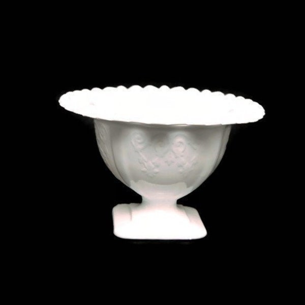 Vintage Milk Glass Footed Candy Dish Reticulated Edge Embossed Flower Basket Lace Edge Compote