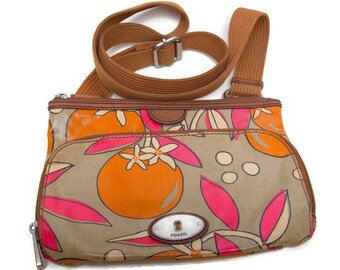 Vintage FOSSIL Crossbody Purse: Coated Canvas, Key Per Shoulder Bag, Pink Orange Blossom Pattern, Adjustable Strap