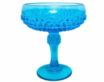 Vintage Indiana Glass Turquoise Blue Diamond Point Compote - Tiara Exclusives - Footed Candy Dish - 7 Inch