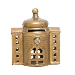 Antique A.C. Williams PRESTO Cast Iron Coin Bank - Gold Domed Building