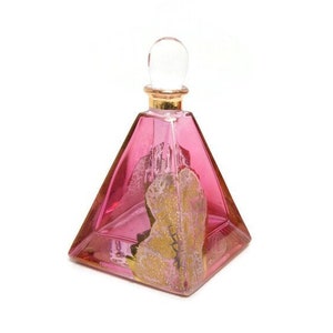 Vintage 1920s Czech Cranberry Glass Perfume Bottle – Art Deco Pyramid, Gold Flake, Crystal Dauber