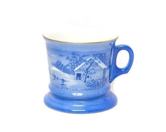 Vintage Currier Ives Mug: The Old Homestead in Winter, Blue and White, Coffee Cup, Snow Scene