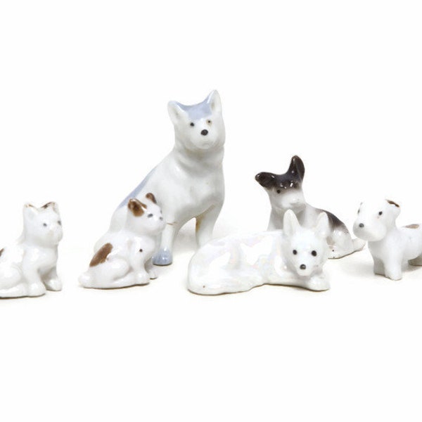 Vintage Japanese Porcelain Dog Figurines Lot of 6 Hand Painted Luster Ware Stamped JAPAN