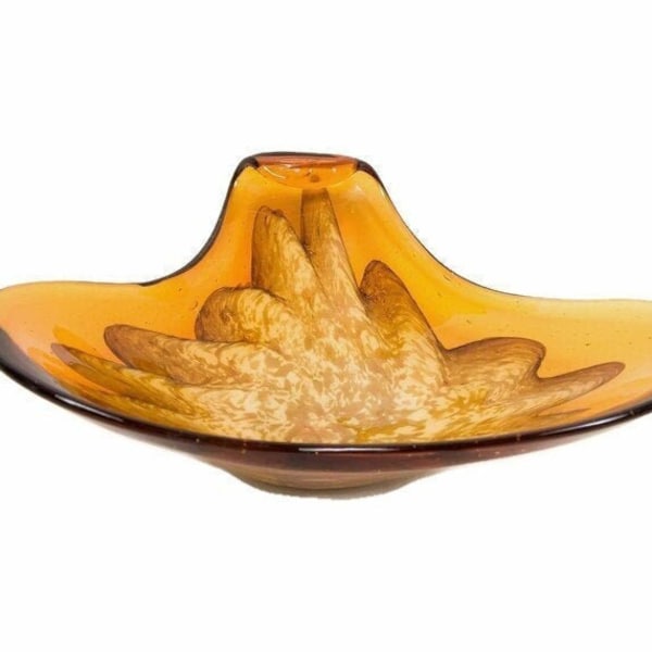 Vintage Murano Italy Amber Glass Console Bowl 9 Inch Copper Aventurine White Mottled Swirls Hand Blown Open Shell Form