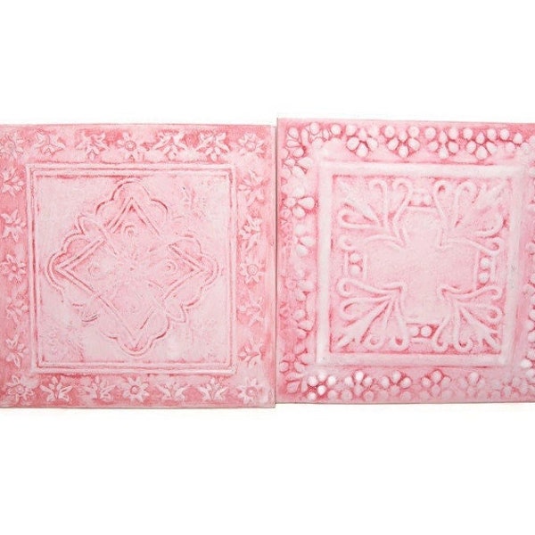 Vintage Set of 2 HOSLEY Tin Ceiling Tiles: Pink Wall Art - Repousse Design, 12 Inch Square Diagonal Floral Pattern - Made in INDIA