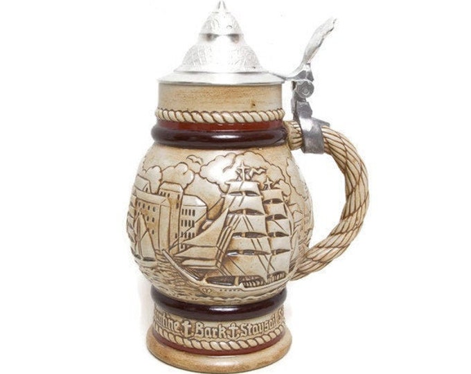 Vintage Ceramarte Beer Stein Pewter Lid Sailing Ships Handcrafted