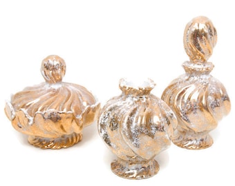Vintage IRICE 3-Piece Vanity Set: Perfume Bottle, Powder Jar, Vase – Hand Painted Swirl Design