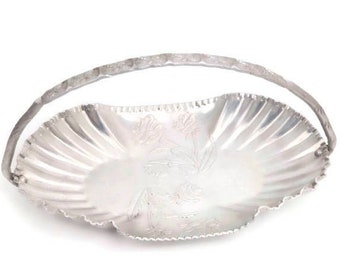 Vintage Farber And Shlevin Hand Wrought Aluminum Serving Tray Embossed Roses Handled Basket