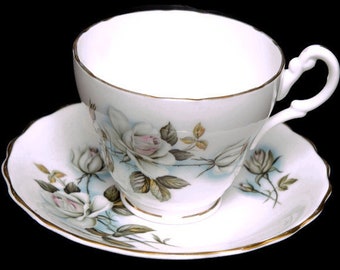 Vintage Consort Bone China White Rose Teacup and Saucer Made in England Hand Painted