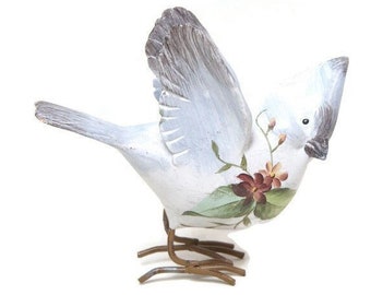 Vintage Hand Carved Bird Figurine Hand Painted Resin Blue Jay Bird Metal Feet Flower Design Sculpture Ornament Carved Wood Look