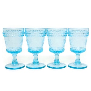 Antique Adams & Co. EAPG Blue Wildflower Water Goblets Set of 4 UV Reactive 1800s