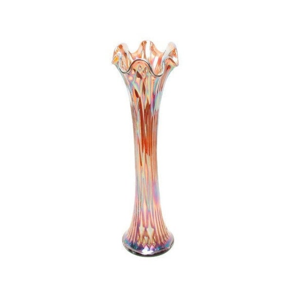 Antique FENTON Amethyst Carnival Glass Swung Vase - Nine Sixteen, Spearhead and Ribs -  - 14 Inch - Iridescent Iridized - 1910s Art Glass