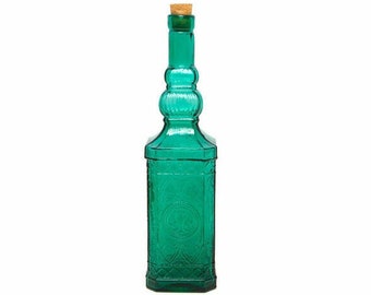 Vintage Teal Green Glass Bottle with Stopper: Square Apothecary Jar, 12 inch - Embossed Design, Wine Decanter