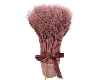 Arreglo floral vintage de amatista y hierba de la Pampa: cinta de terciopelo con purpurina, maceta de resina.