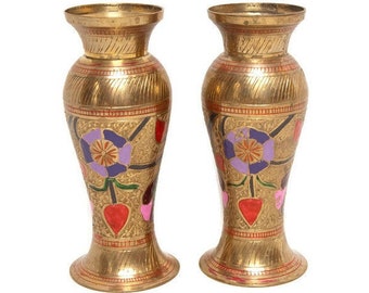 Vasi in ottone vintage Candelieri Dipinti a mano Cloisonne inciso Floreale Smalto Cloisonne Made in India 6 pollici