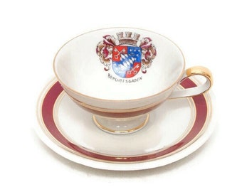 Vintage GVD Bavaria Teacup and Saucer - Berchtesgaden Crest Shield - Demitasse Set - Maroon and Gold