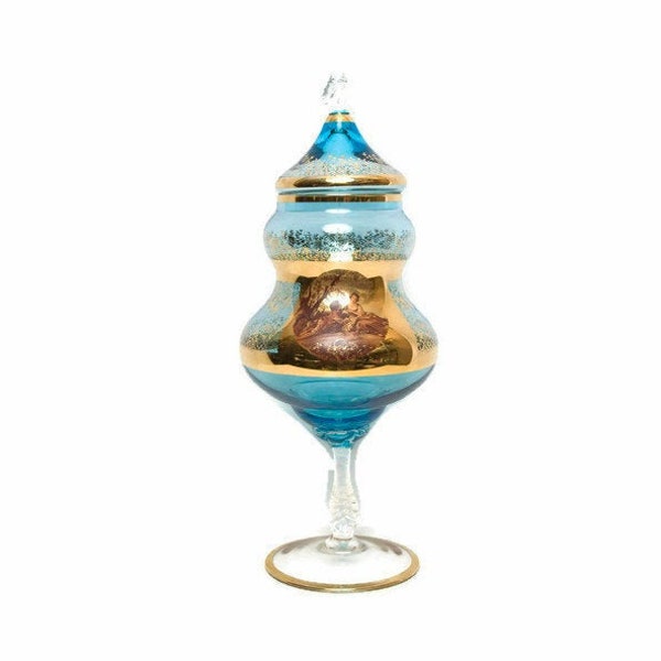 Empoli Italy Apothecary Jar Peacock Blue Glass Urn 16 Inch Medallion Courting Couple Faceted Stem Hand Painted 22K Gold Etching
