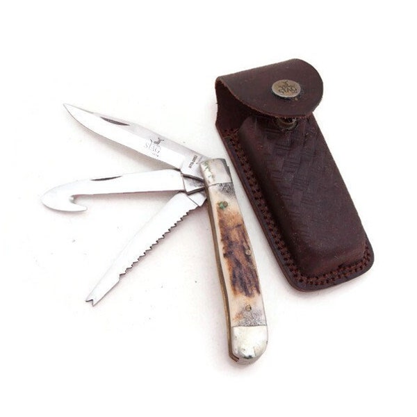 Vintage STAG USA Multi Tool Folding Hunting Knife, Leather Sheath - Surgical Steel Blade, Brass Bolster, Stag Antler Handle - Pocket Knife
