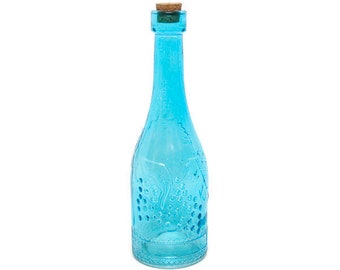 Vintage Turquoise Blue Glass Bottle Raised Design Round Decorative Glass Grapes Leaves Apothecary Jar Kitchen Decor Bath Salts