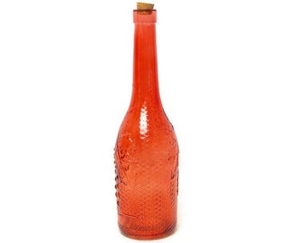 Vintage Red Glass Bottle With Cork Stopper 12 Inch Round Apothecary Jar Embossed Grapes Decanter